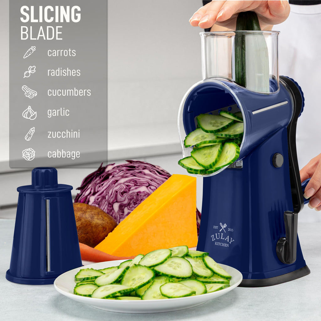 Zulay Kitchen Rotary Cheese Grater 5 Blade Cheese Shredder - Manual Hand Crank Cheese Grater With Reinforced Suction & 5 Interchangeable Drums - Easy to Use, Vegetable Chopper Round Mandoline Slicer