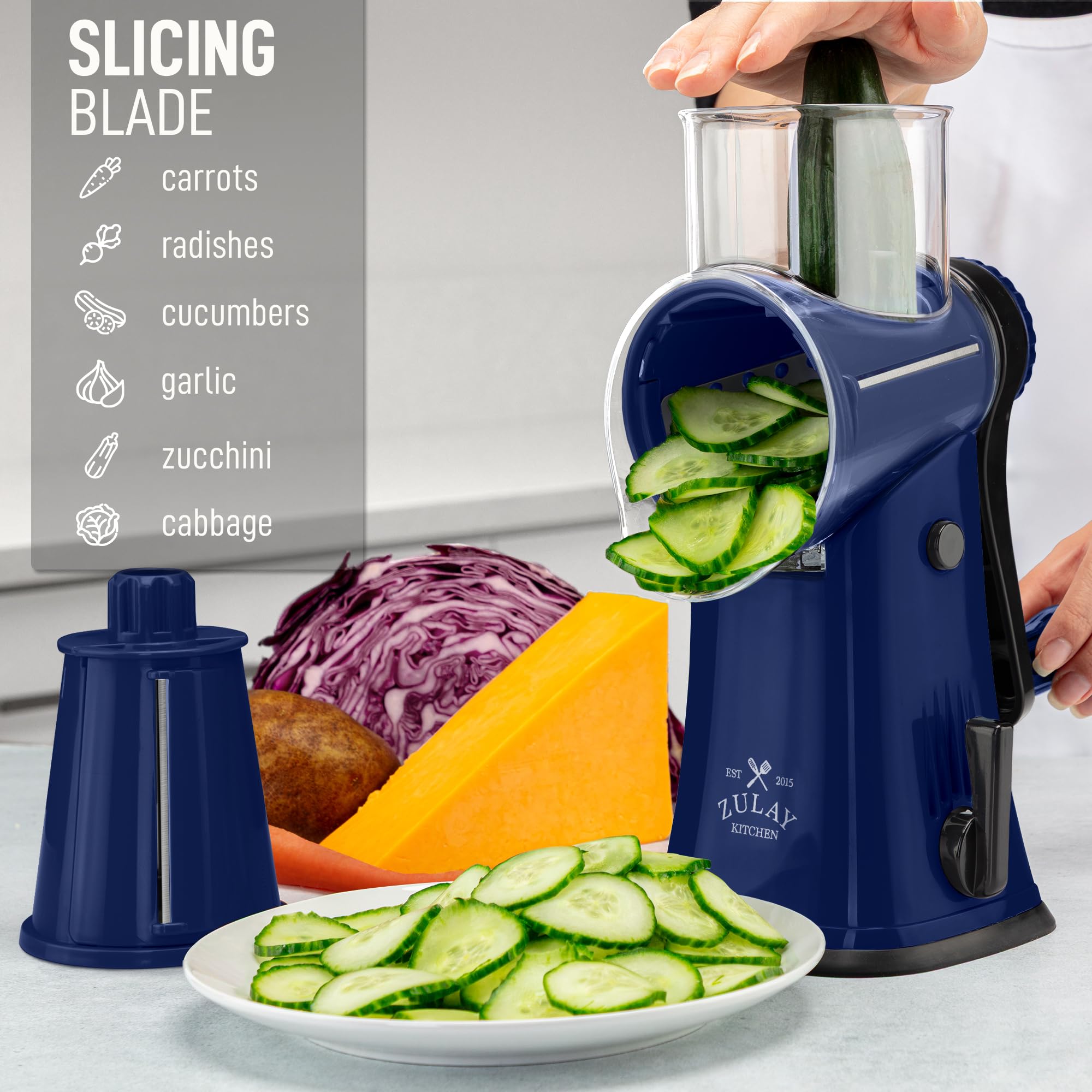 Zulay Kitchen Rotary Cheese Grater 5 Blade Cheese Shredder - Manual Hand Crank Cheese Grater With Reinforced Suction & 5 Interchangeable Drums - Easy to Use, Vegetable Chopper Round Mandoline Slicer