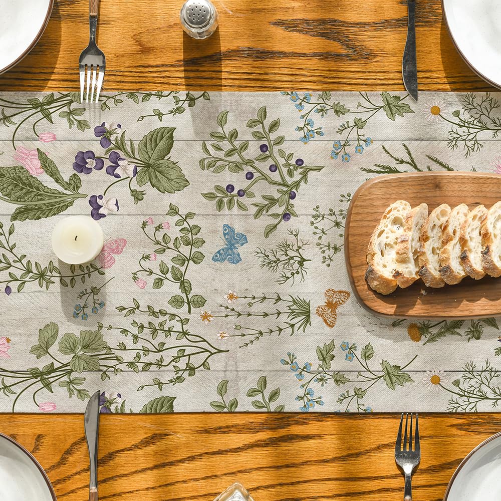 Artoid Mode Wildflowers Floral Spring Table Runner, Seasonal Summer Butterfly Kitchen Dining Table Decoration for Home Party 13x72 Inch