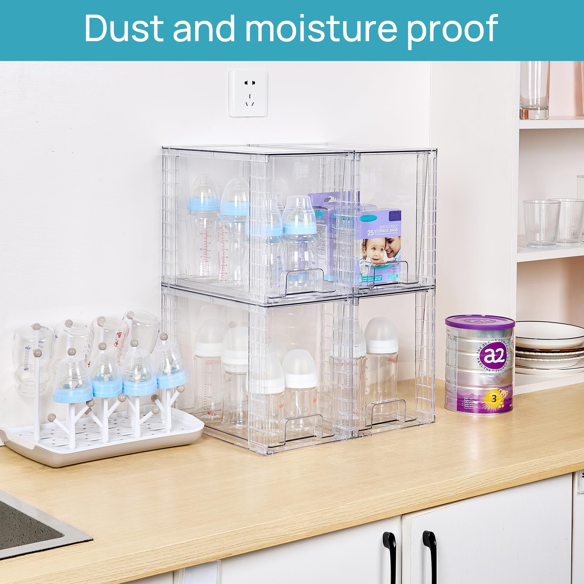 Vtopmart 4 Pack Stackable Storage Drawers,Clear Acrylic Drawer Organizers with Handles, Easily Assemble for Fridge, Bathroom,Kitchen Undersink,Cabinet,Pantry Organization and Storage