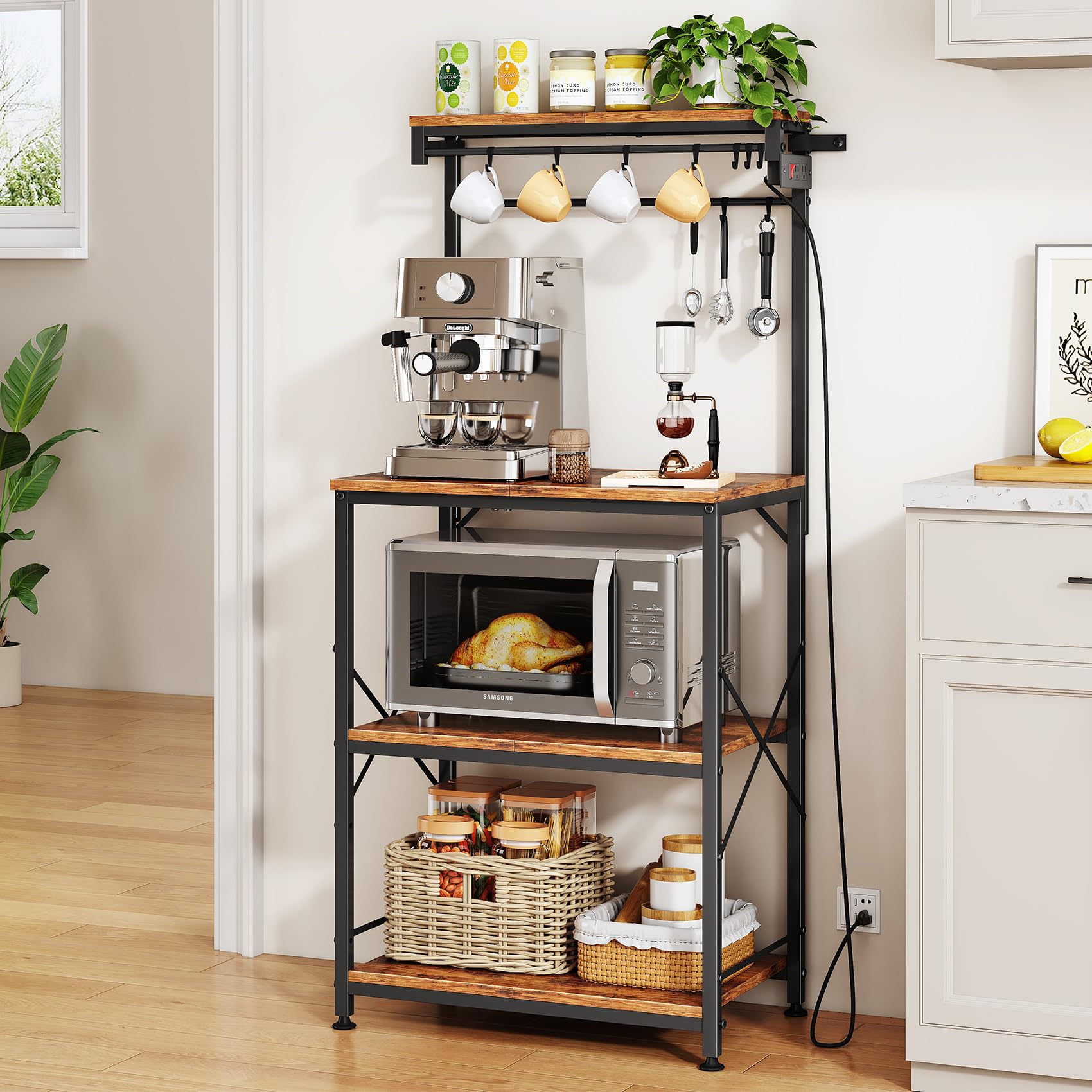 SNTD Bakers Rack with Power Outlet, Kitchen Shelves Microwave Stand with Wire Grid and 10 Hooks, 4 Tiers Coffee Stand (Rustic Brown, 23.5 x 15.6 x 52.8 Inches)