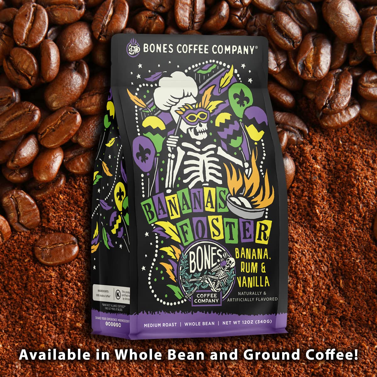 Bones Coffee Company Salty Siren, Sea Salted Caramel Chocolate Flavored Coffee, Medium Roast Low Acid Arabica Beans Compatible with Auto drip and French Press Coffee Maker, 12 Oz Whole Bean