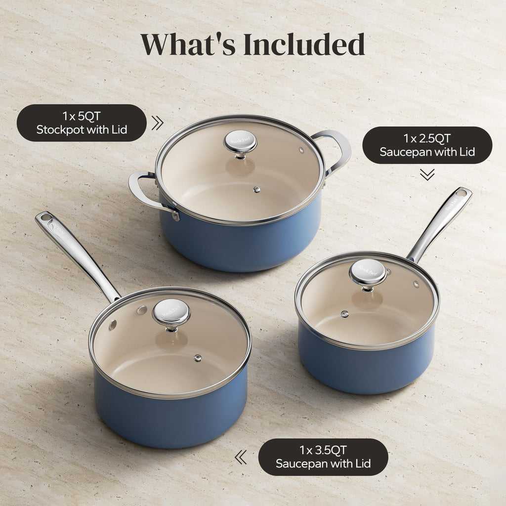 Redchef Cooking Pot Set Induction 5Qt, Saucepan Set 2.5/3.5Qt Nonstick Ceramic Cookware Set, Compatible All Cooktops, Even Heat, Stay-Cool Handles, Oven/Dishwasher Safe, PTFE PFAS Free (Beige)