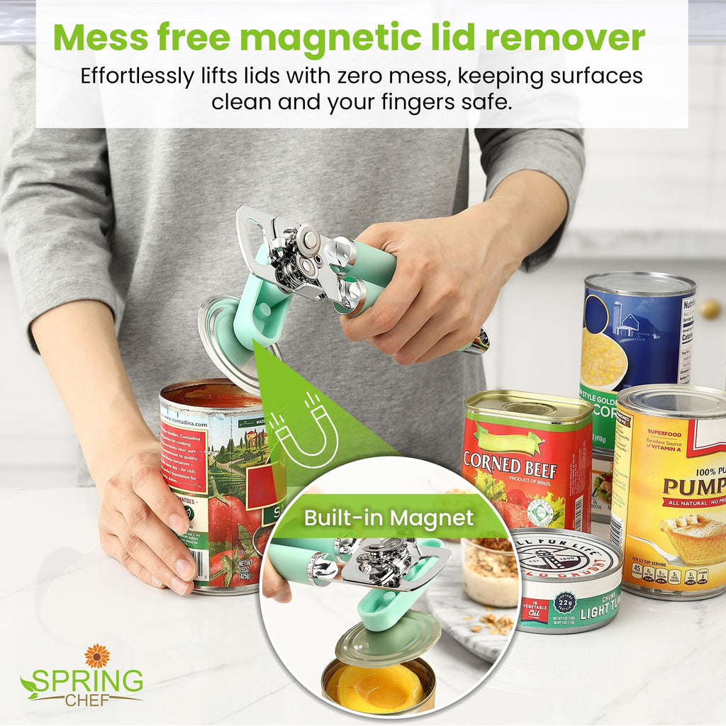 Spring Chef Stainless Steel Can Opener - Manual with Soft Grip Handles, Easy Turn, Heavy Duty Hand Can Openers for Seniors with Smooth Edge - Magnetic Lid Remover - Black