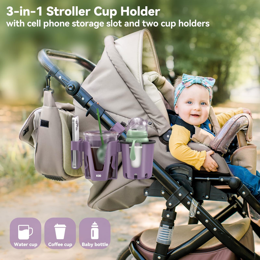 KDD Stroller Cup Holder with Phone Holder, 3-in-1 Removable Bottle Holder, 360 Degrees Rotation Drink Holder for Wheelchair, Stroller, Bike, Walker, Scooter, Bicycle, Uppababy, Bugaboo, Britax