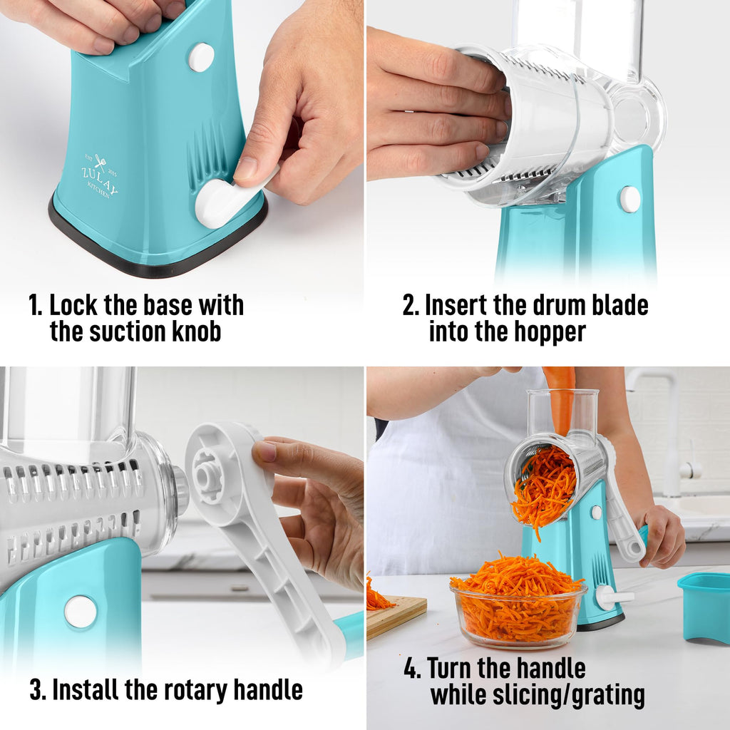 Zulay Kitchen Rotary Cheese Grater 5 Blade Cheese Shredder - Manual Hand Crank Cheese Grater With Reinforced Suction & 5 Interchangeable Drums - Easy to Use, Vegetable Chopper Round Mandoline Slicer