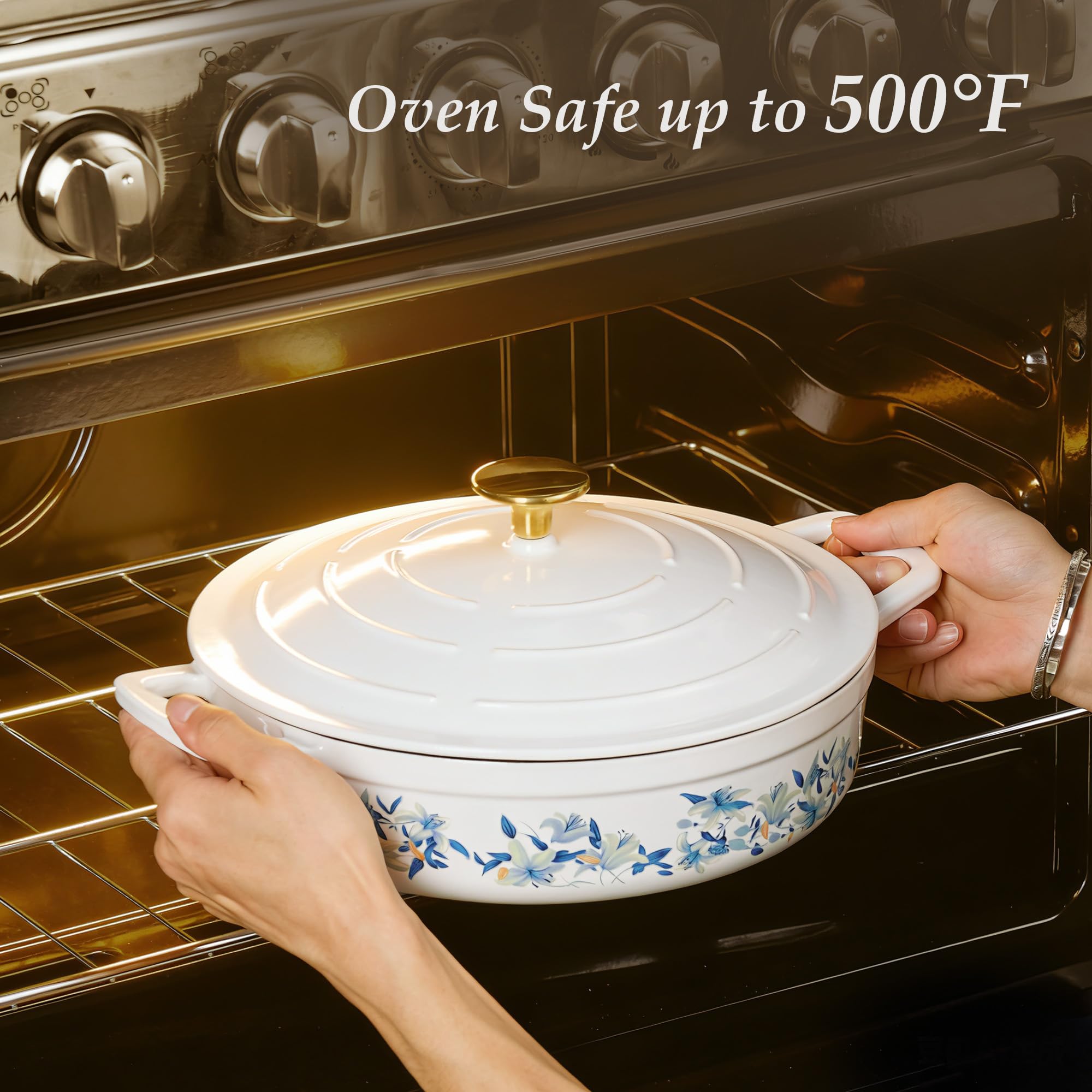 CAROTE 5 QT Cast Iron Dutch Oven Pot with Lid, Enameled Floral Dutch Ovens with Cotton Potholders & Oven Gloves, Gift Box, Cast Iron Pot for Sourdough Bread Baking, Braising, Stews, Roasting, Dual Handles, All Stovetop Compatible, Oven Safe up to 500° F,