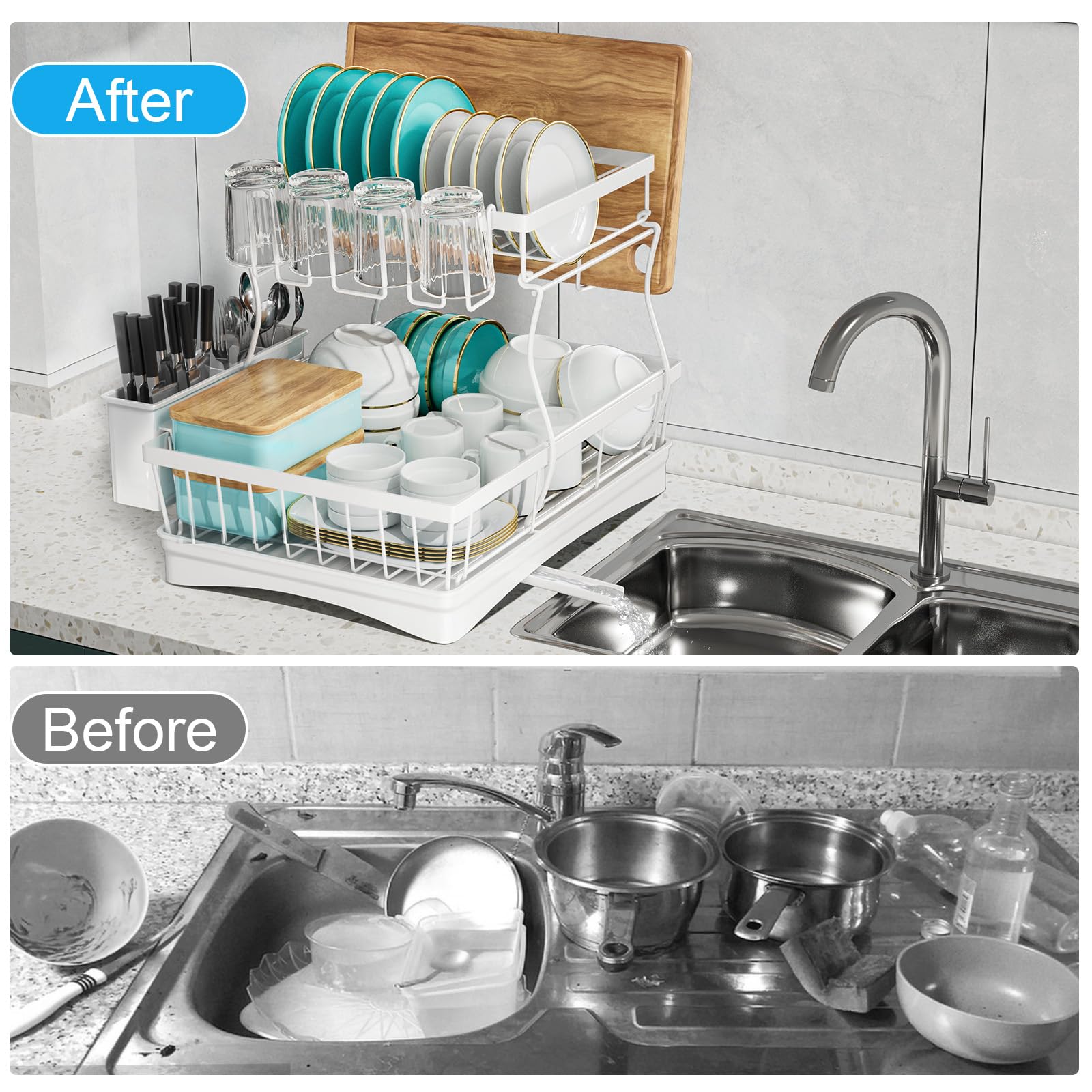 7 code Large Dish Drying Rack for Kitchen Counter, Detachable Large Capacity Dish Drainer Organizer, 2-Tier Dish Racks with Utensil Holder, Black