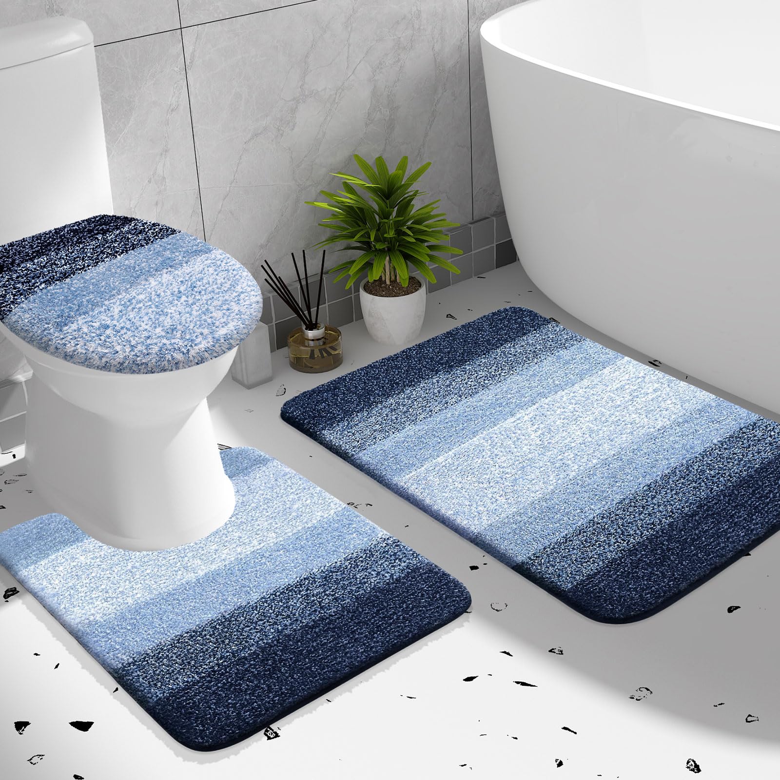 OLANLY Bathroom Rugs Sets 3 Piece, Soft Microfiber Absorbent Bath Mat, U-Shaped Contour Toilet Mat and Toilet Lid Cover, Quick Dry, Machine Washable, Toilet Cover and Rug Set for Bathroom, Grey