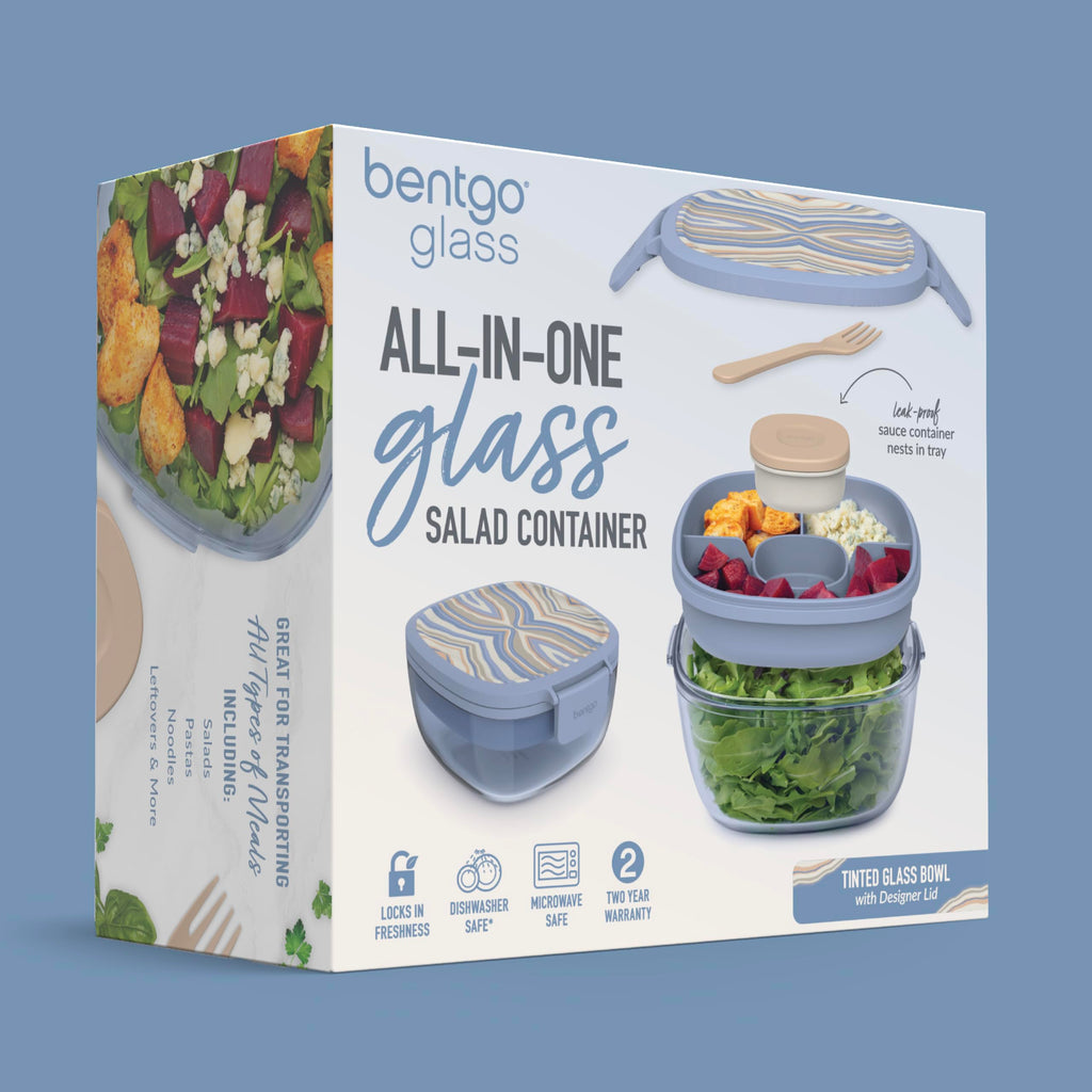 Bentgo Glass Salad Container - 7.6-Cup Salad Bowl with Airtight Lid, Leak-Proof Sauce Container, 4-Compartment Bento Tray & Reusable Fork - BPA-Free for Meal Prep, Office & More (Lavender)