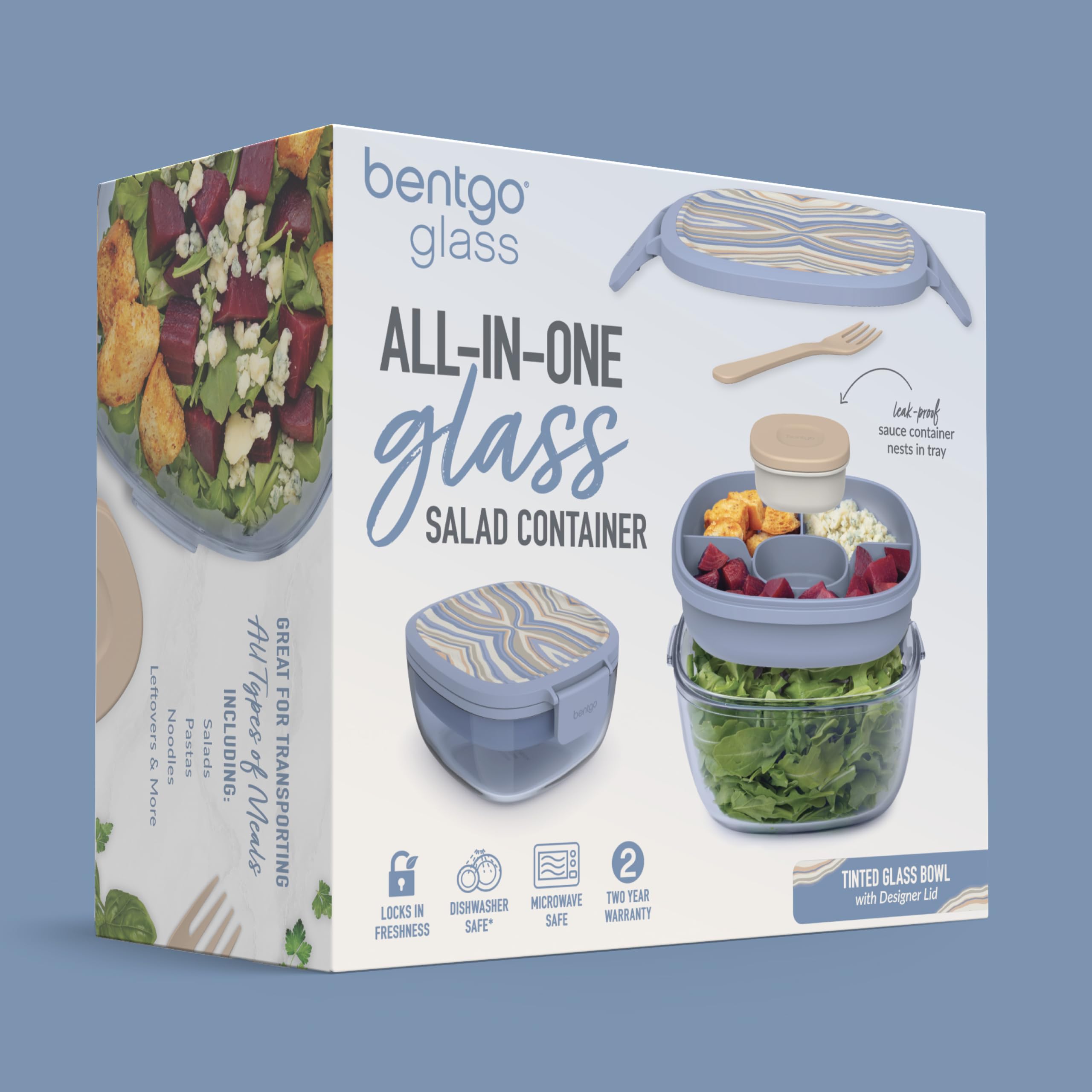 Bentgo Glass Salad Container - 7.6-Cup Salad Bowl with Airtight Lid, Leak-Proof Sauce Container, 4-Compartment Bento Tray & Reusable Fork - BPA-Free for Meal Prep, Office & More (Lavender)