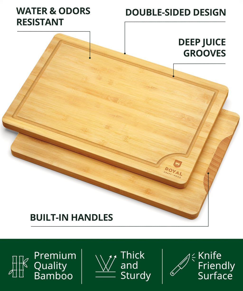ROYAL CRAFT WOOD Organic Bamboo Cutting Board with Juice Groove - Kitchen Chopping Board for Meat (Butcher Block) Cheese and Vegetables