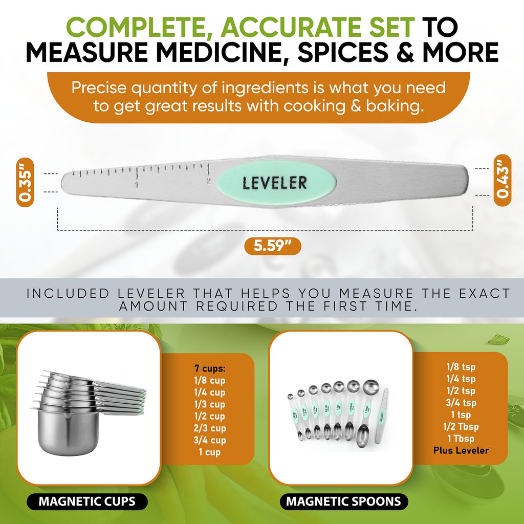 Spring Chef Magnetic Measuring Cups & Spoons Set, Patented, Strong N45 Magnets, Heavy Duty Stainless Steel Fits in Spice Jars for Baking & Cooking, BPA Free, Round Set of 15 with Leveler, Black