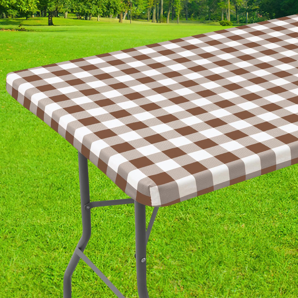 Smiry Rectangle Picnic Table Cloth, Elastic Waterproof Fitted Vinyl Tablecloths, Flannel Backed Buffalo Plaid Table Covers for Dining, Camping, Outdoor (Black and White, 30" x 72")