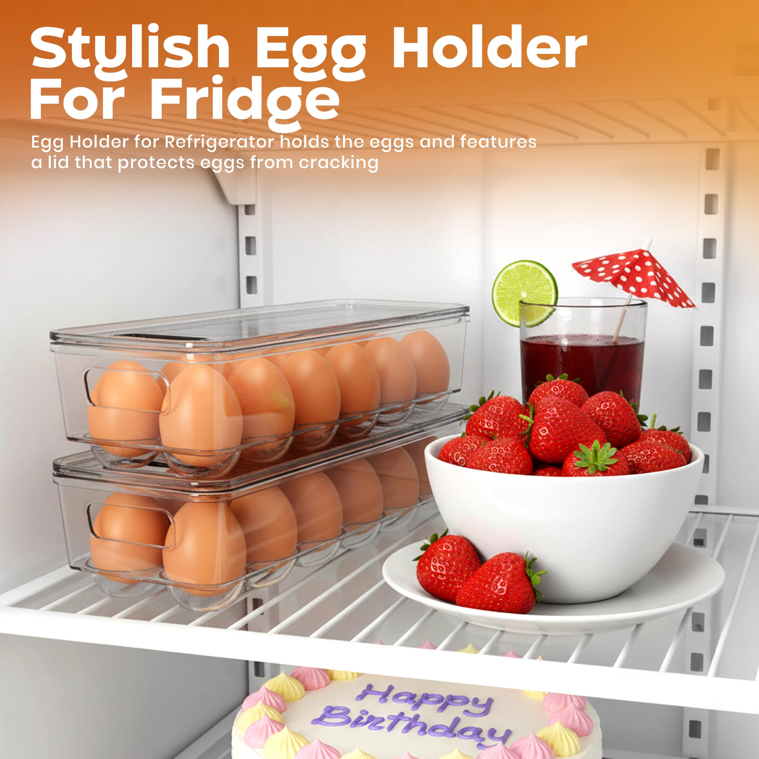 Utopia Home Egg Container With Lid and Handle for Refrigerator Organization- Pack of 2 - Clear Stackable Egg Holder for Kitchen or Pantry Organizers and Storage