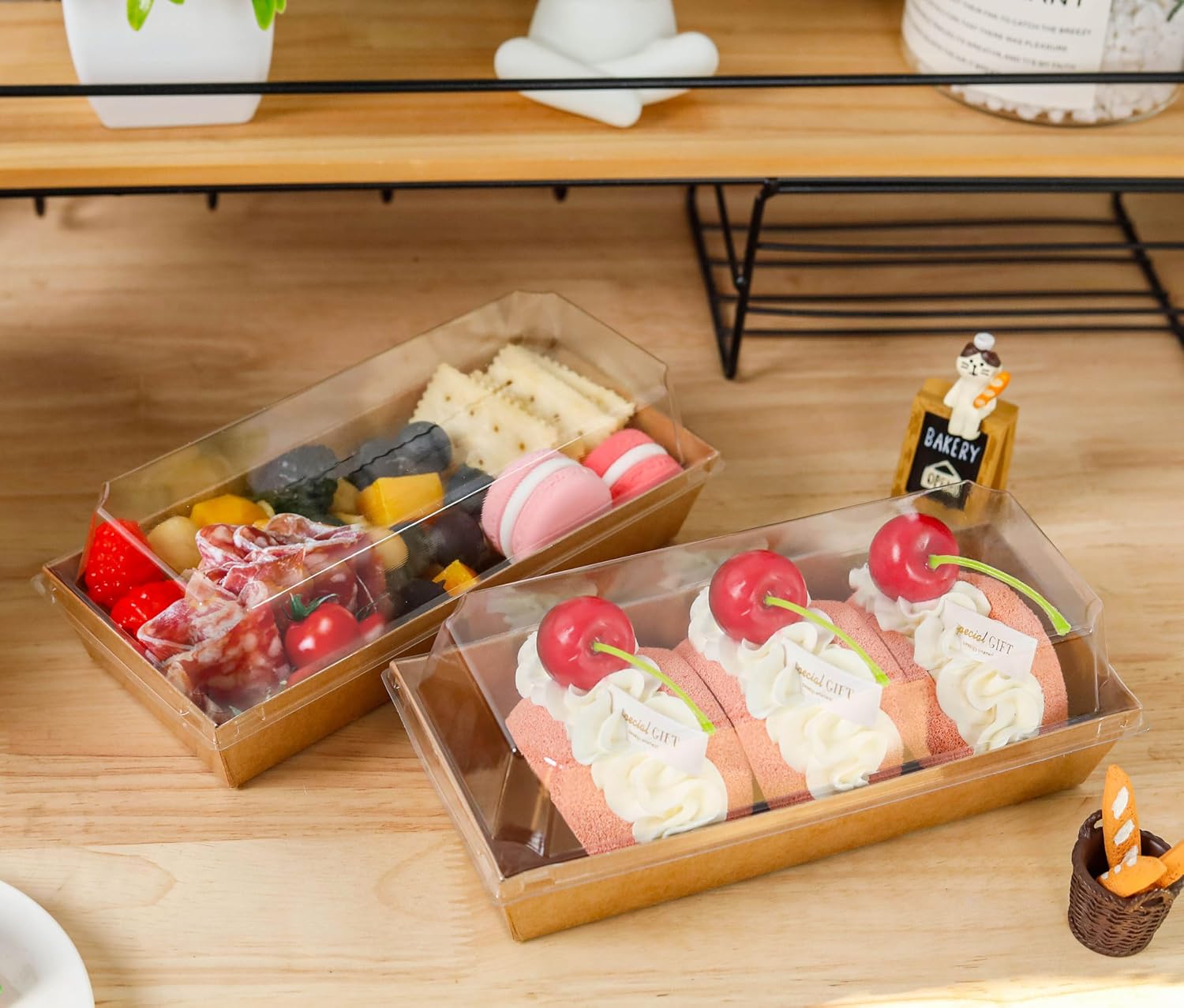 Charcuterie Boxes with Clear Lids Mini Dessert Bakery Boxes Disposable To Go Food Containers for Cookie Cake Slice Sushi Strawberry 7.48x3.35x2.5INCH(50 Pack, Brown)