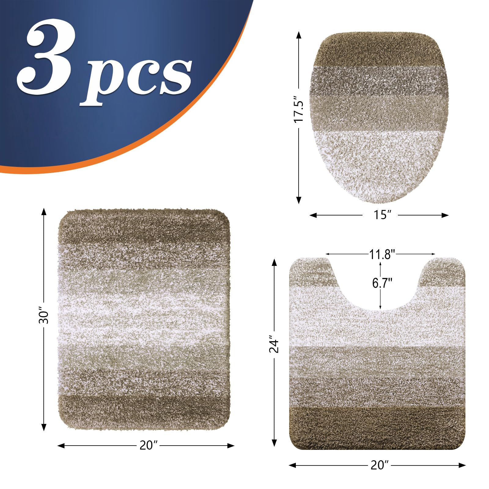 OLANLY Bathroom Rugs Sets 3 Piece, Soft Microfiber Absorbent Bath Mat, U-Shaped Contour Toilet Mat and Toilet Lid Cover, Quick Dry, Machine Washable, Toilet Cover and Rug Set for Bathroom, Grey