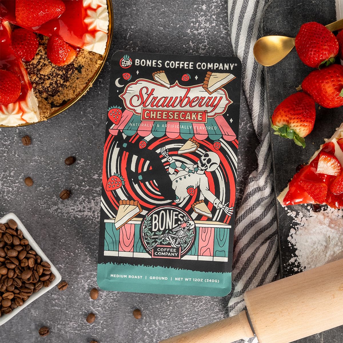 Bones Coffee Company Highland Grog, Butterscotch Caramel Flavored Coffee, Medium Roast Low Acid Arabica Beans Compatible with Auto drip and French Press Coffee Maker, 12 Oz Ground