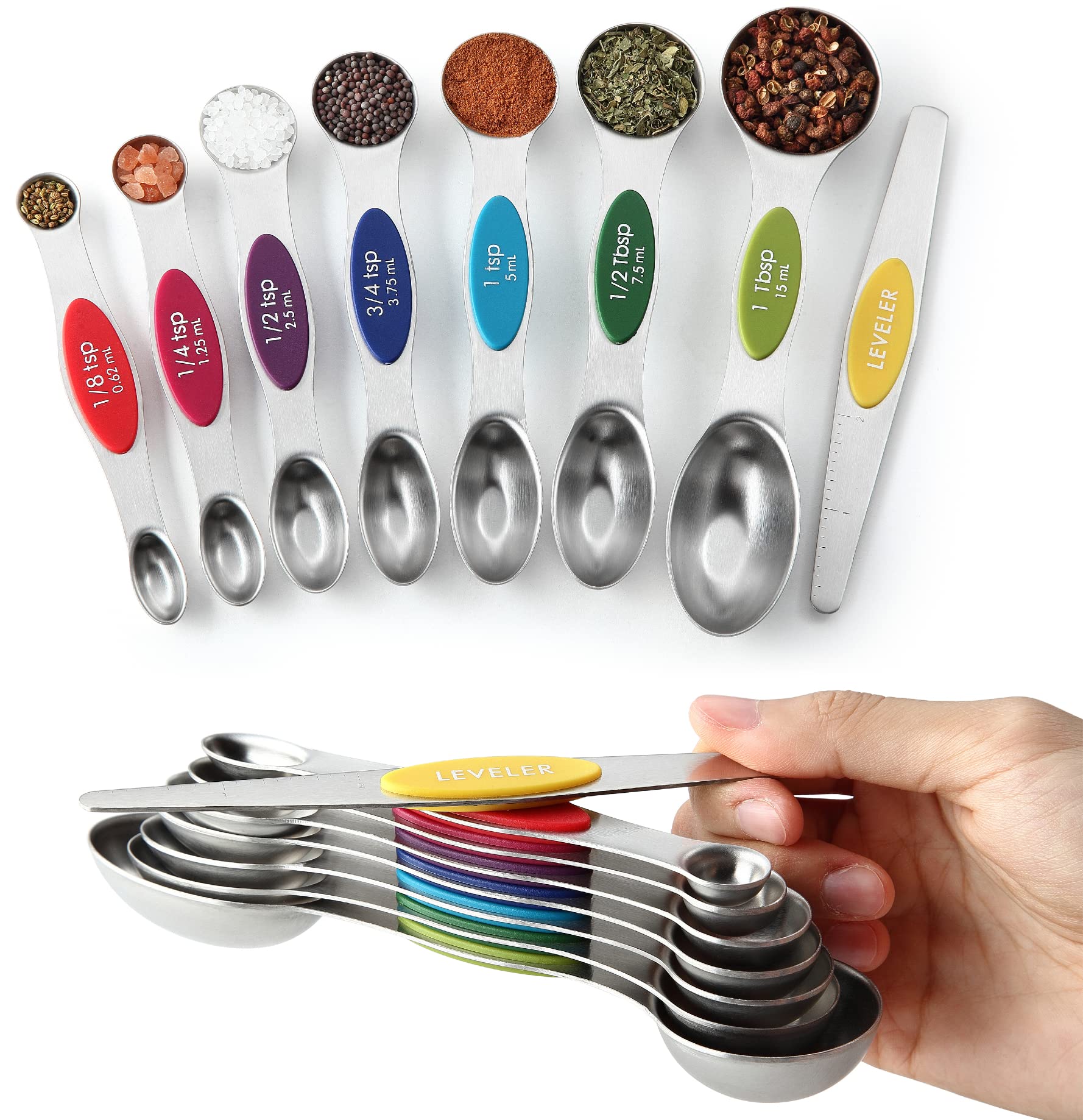 Spring Chef Stainless Steel Magnetic Measuring Spoons Set with Strong N45 Magnets, Heavy Duty Metal Kitchen Gadgets for Baking & Cooking, Fits in Most Kitchen Spice Jars, Set of 8 with Leveler, Black