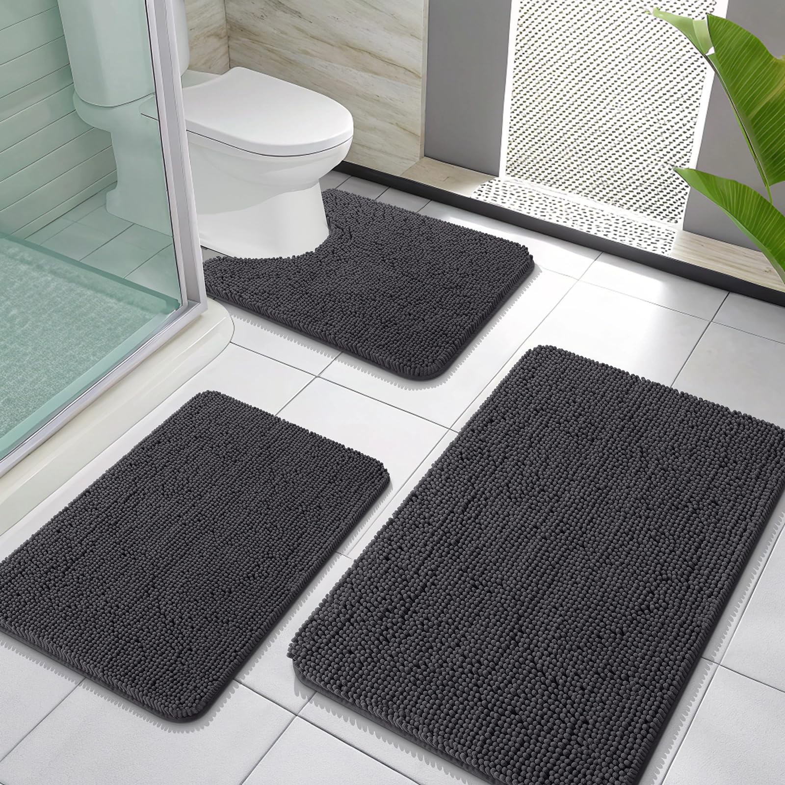 OLANLY Bathroom Rugs Sets 3 Piece, Soft Absorbent Chenille Bath Mats and U-Shaped Contour Toilet Rug, Quick Dry, Home Decor Accessories, Bath Mat Set for Bathroom (30"x20"+24"x16"+24"x20", Grey)