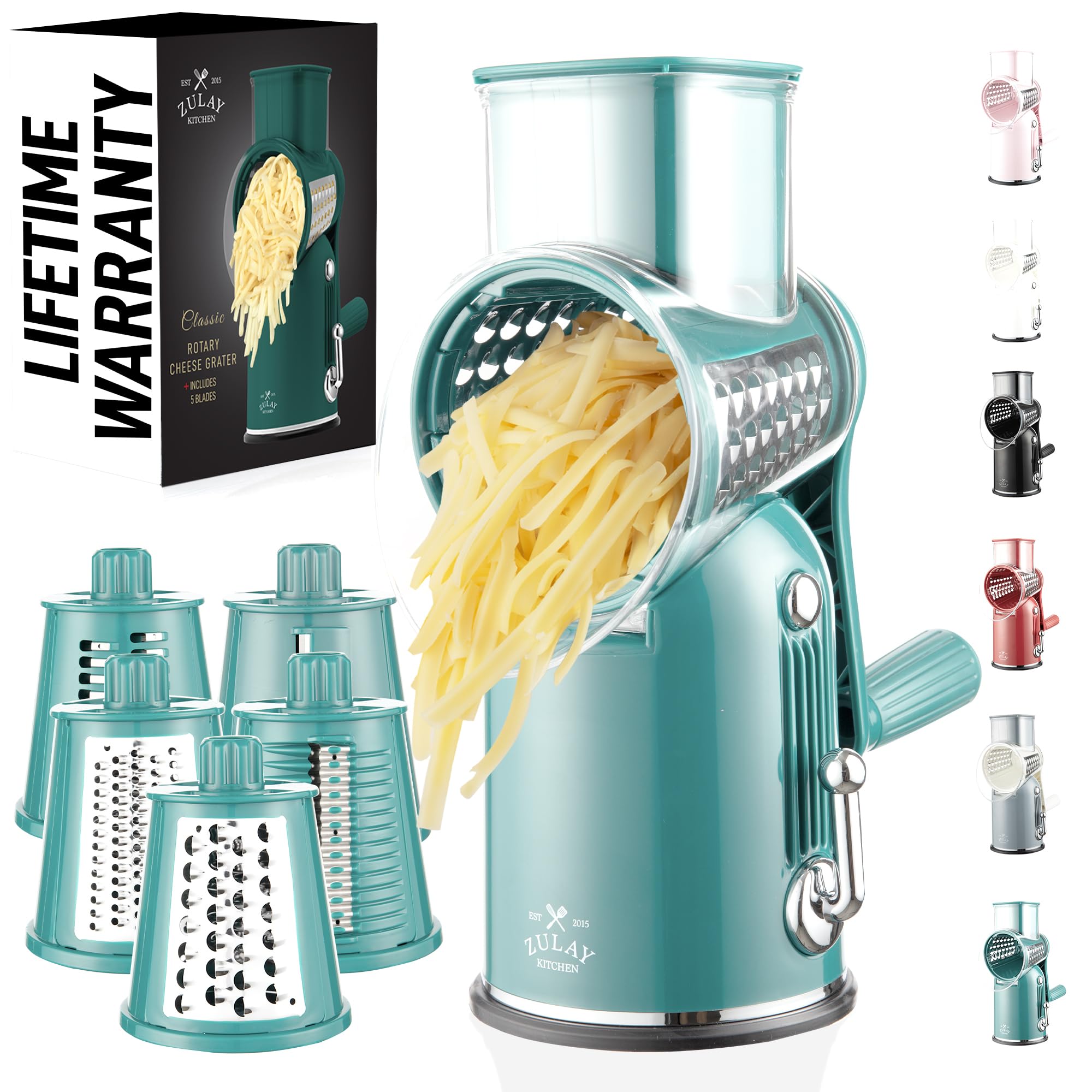Zulay Kitchen Rotary Cheese Grater 5 Blade Cheese Shredder - Manual Hand Crank Cheese Grater With Reinforced Suction & 5 Interchangeable Drums - Easy to Use, Vegetable Chopper Round Mandoline Slicer