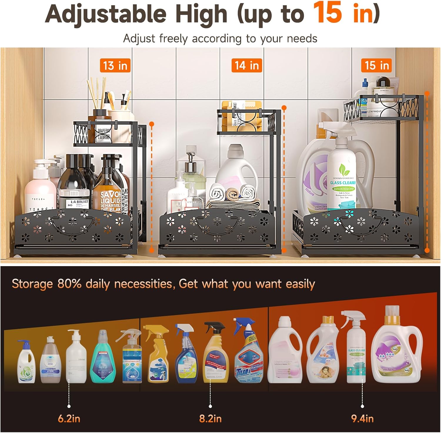 2 Packs Under Sink Organizer, High Adjustable 2 Tier Under Kitchen sink organizer, Multi-Purpose Storage Shelf for Kitchen Bathroom Cabinet, Black (Black02)
