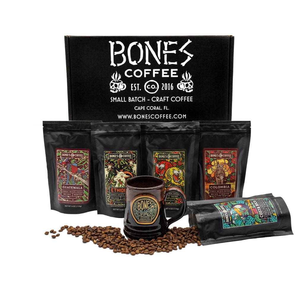Bones Coffee Company NEW Favorite Flavors Sample Pack, Assorted Flavored Coffee Low Acid Medium Roast Arabica Beans Specialty Coffee Gifts, Auto Drip and French Press Compatible, 4 oz Pack of 5 Ground