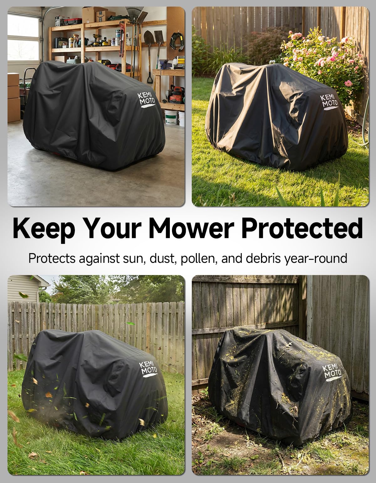KEMIMOTO Riding Lawn Mower Cover with Windproof Buckle, Universal Fit for Riding Lawnmowers with decks up to 54'', Compatible with John Deere, Husqvarna, Cub Cadet, Toro, Ryobi, 420D Oxford