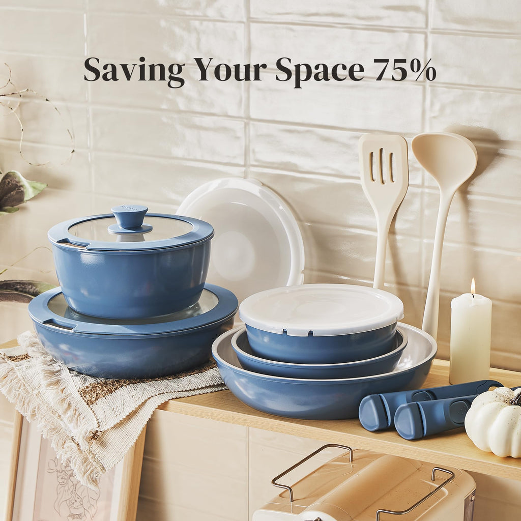 Redchef Ceramic Pots and Pans Set, Nonstick Kitchen Cookware Set with Detachable Handle, Non Toxic Cookware Set 16pcs, PFAS PFOA & PTFE Free, RV Ceramic Cookware for Camping, Dishwasher/Oven Safe