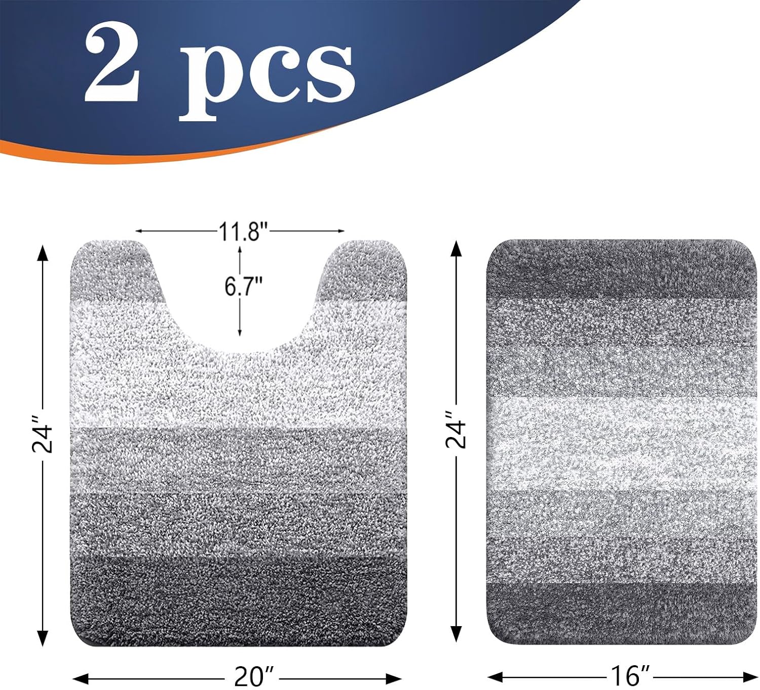 OLANLY Bathroom Rug Set 2 Piece, Soft Absorbent Microfiber Bath Mats and U-Shaped Contour Toilet Rug, Non-Slip, Machine Wash Dry, Plush Shaggy Bath Mats for Bathroom (24"x16"+24"x20", Grey)