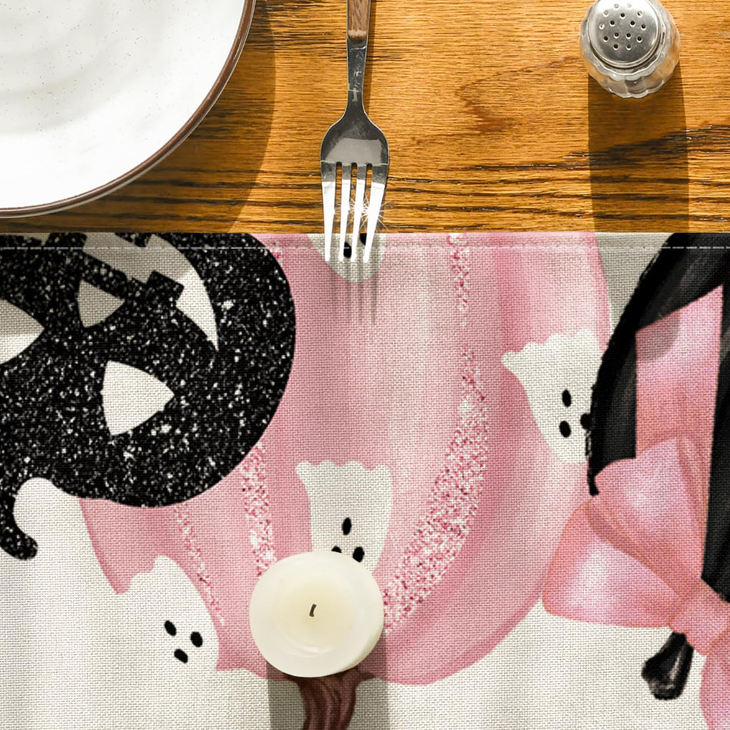 Artoid Mode Pink Jack-O-Lantern Pumpkin Bat Halloween Table Runner, Holiday Kitchen Dining Table Decoration for Indoor Outdoor Home Party Decor 13 x 72 Inch