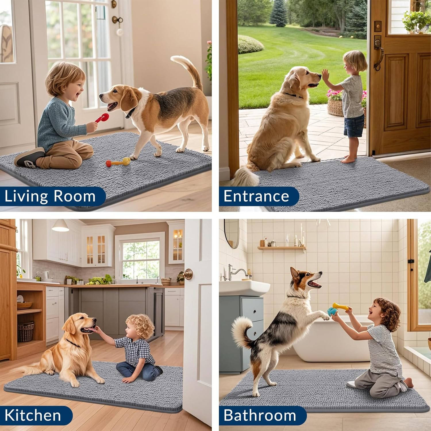 Smiry Dog Door Mat for Muddy Paws 30x20, Absorbs Moisture and Dirt Doormat, Non-Slip Washable Quick Dry Chenille Front Door Mat Indoor Entrance, Entryway Carpet for Inside Floor, Grey