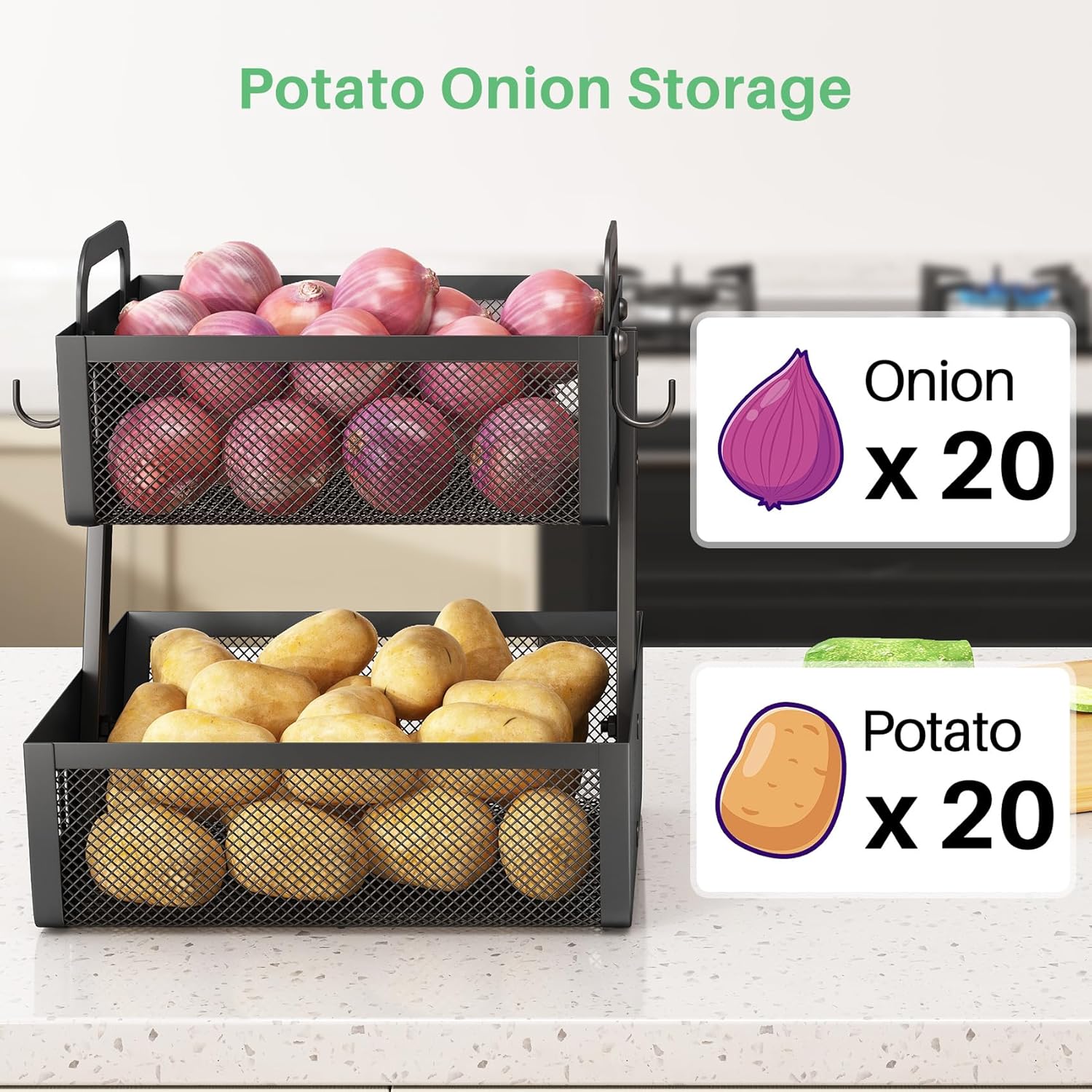 SAYZH Fruit Basket Bowls For Kitchen Counter with Banana Hangers - Detachable Metal Mesh Basket Fruit Stand with Handle - Kitchen Vegetables Bread Snacks Storage Organization, 2 Tier Black