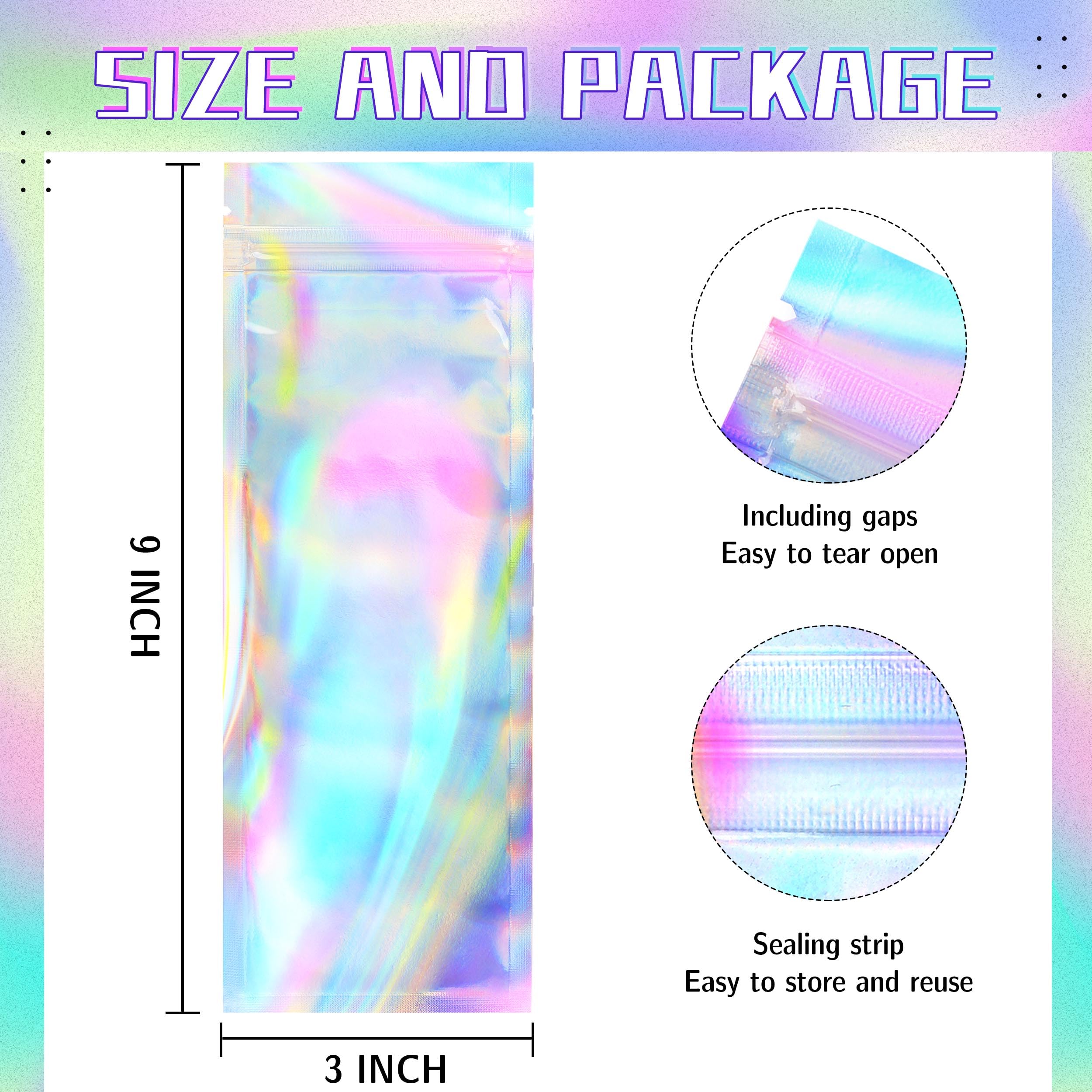 Holographic Mylar Bags Resealable Smell Proof Bags for lip gloss, Jewelry, Lash Candy and More - Small Business Packaging Supplies(100PACK, 3x9INCH)