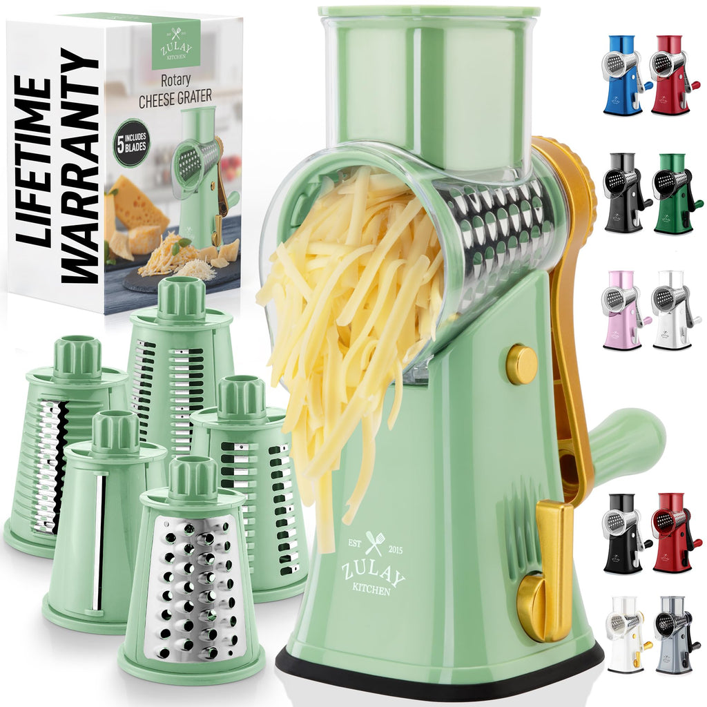 Zulay Kitchen Rotary Cheese Grater 5 Blade Cheese Shredder - Manual Hand Crank Cheese Grater With Reinforced Suction & 5 Interchangeable Drums - Easy to Use, Vegetable Chopper Round Mandoline Slicer