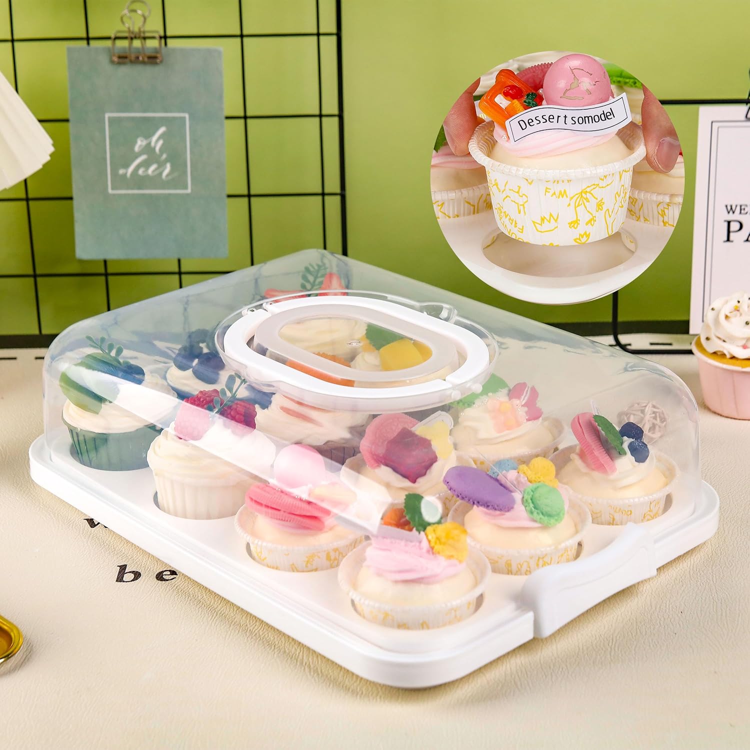 Cupcake Containers with Lid Rectangular Cake Carrier 3-in-1 Multipurpose Cupcake Holder for Muffins Pies Sweets Pastries Fruit or Snacks (White, 13" x 9" x 4")