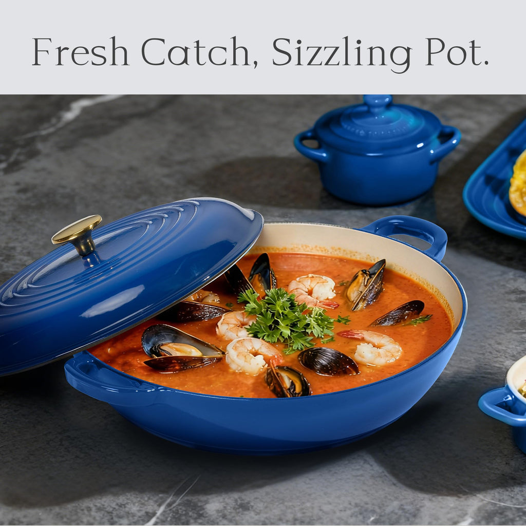CAROTE 3.4QT Enameled Cast Iron Braiser Pan, Shallow Dutch Oven Casserole Skillets, Non-Toxic Cast Iron Pot with Lid for Grilling, Searing, Baking, Dual Handles, All Stovetop Compatible, White