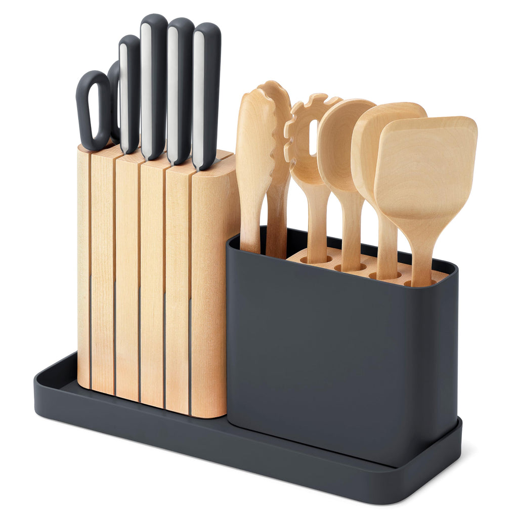 Caraway 14-Piece Kitchen Prep Set - Kitchen Knife Set & Wooden Utensil Set - Made With Premium German Steel Blades & FSC-Certified Birch Wood - Non-Toxic Materials - Includes Organizer - Cream