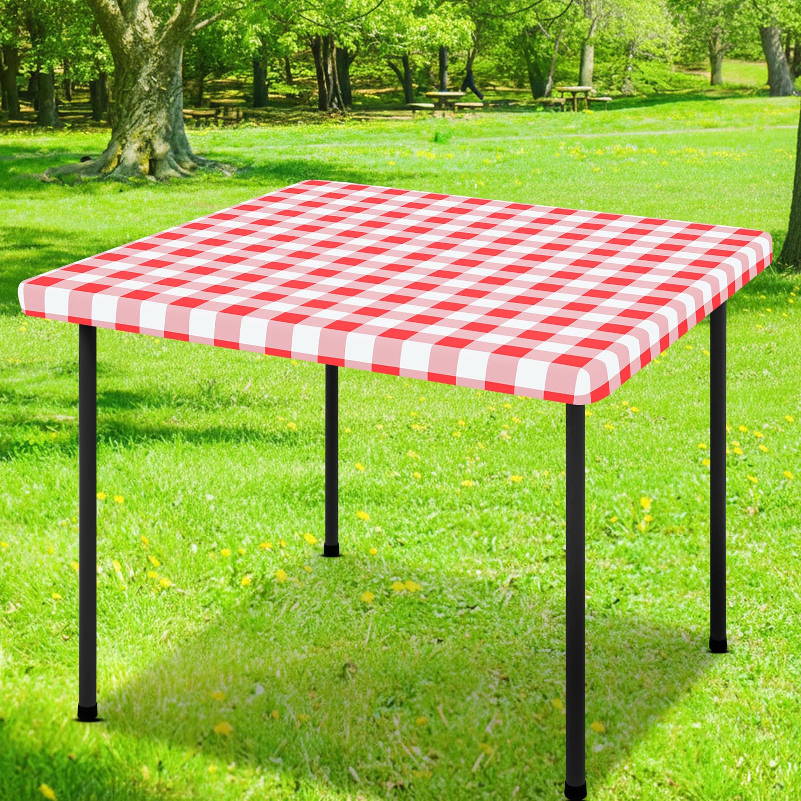 Smiry Rectangle Picnic Table Cloth, Elastic Waterproof Fitted Vinyl Tablecloths, Flannel Backed Buffalo Plaid Table Covers for Dining, Camping, Outdoor (Black and White, 30" x 72")