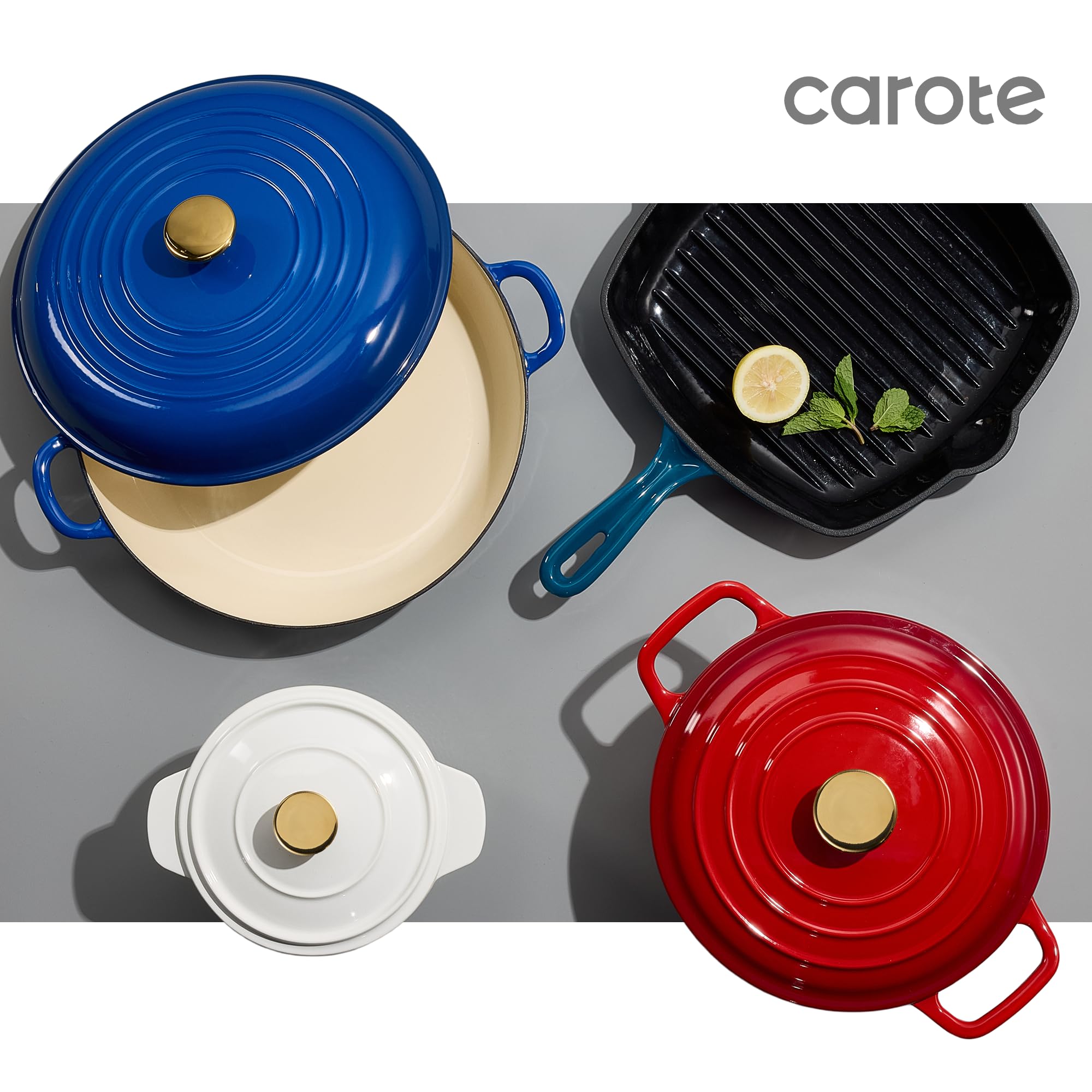 CAROTE 2QT Enameled Cast Iron Dutch Oven Pot with Lid, Mini Round Dutch Oven for Small Sourdough Bread, Stews, Soups, Sauces, Beans, Rice, Serves 1-2, Dual Handles, Healthy & Non-Toxic, All Stovetop Compatible, Oven Safe up to 500° F, White