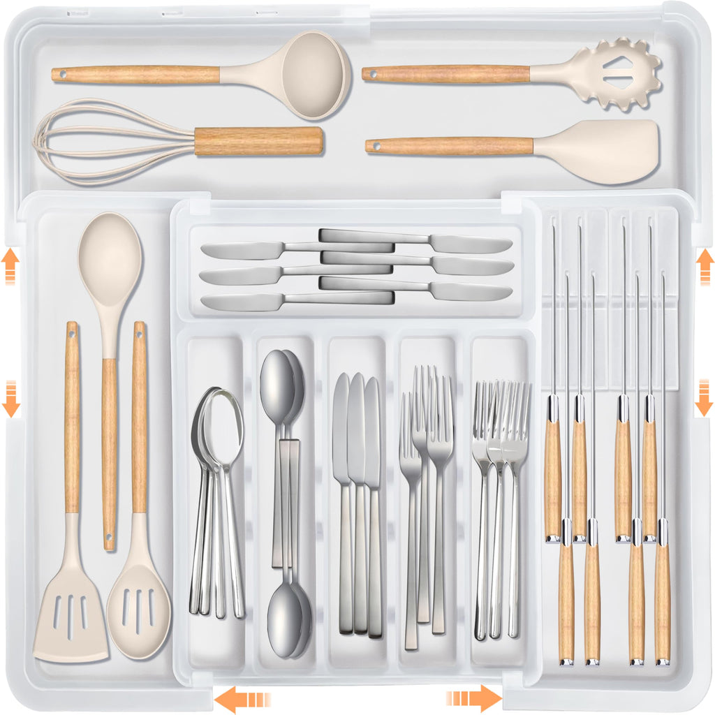 Homecor Silverware Organizer - Expandable Large Kitchen Drawer Organizer Utensil Organizer with 2 Removable Knife Blocks, 22"x 19"Cutlery Tray Drawer Dividers for Kitchen Flatware(6-9 Slots) (Black)