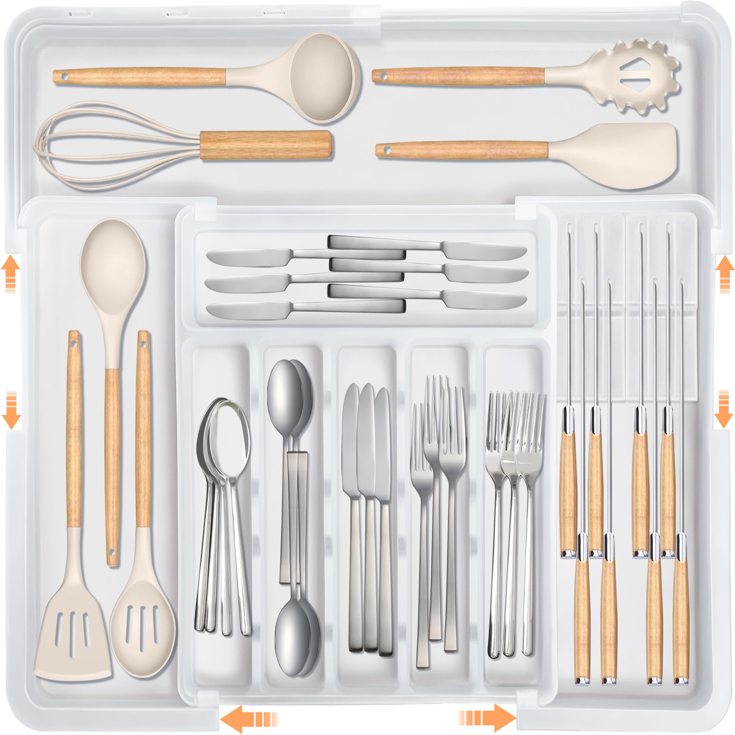 Homecor Silverware Organizer - Expandable Large Kitchen Drawer Organizer Utensil Organizer with 2 Removable Knife Blocks, 22"x 19"Cutlery Tray Drawer Dividers for Kitchen Flatware(6-9 Slots) (Black)