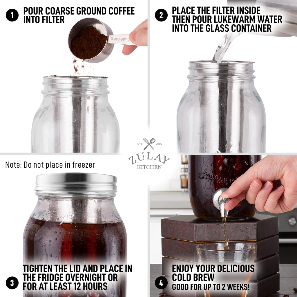 Zulay 1 Gallon/128oz Cold Brew Coffee Maker – Thick Glass Pitcher with Stainless Steel Filter, Lid & Spout – Large Mason Jar Container Dispenser - Iced Coffee & Sun Tea Brewer for Fridge – Silver