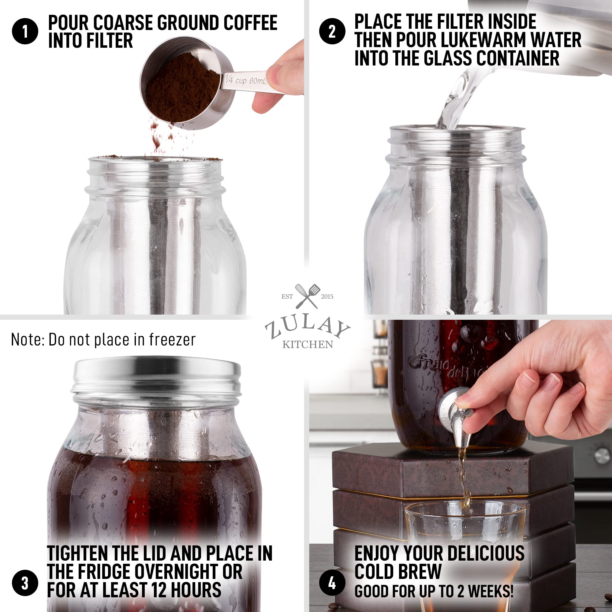 Zulay 1 Gallon/128oz Cold Brew Coffee Maker – Thick Glass Pitcher with Stainless Steel Filter, Lid & Spout – Large Mason Jar Container Dispenser - Iced Coffee & Sun Tea Brewer for Fridge – Silver
