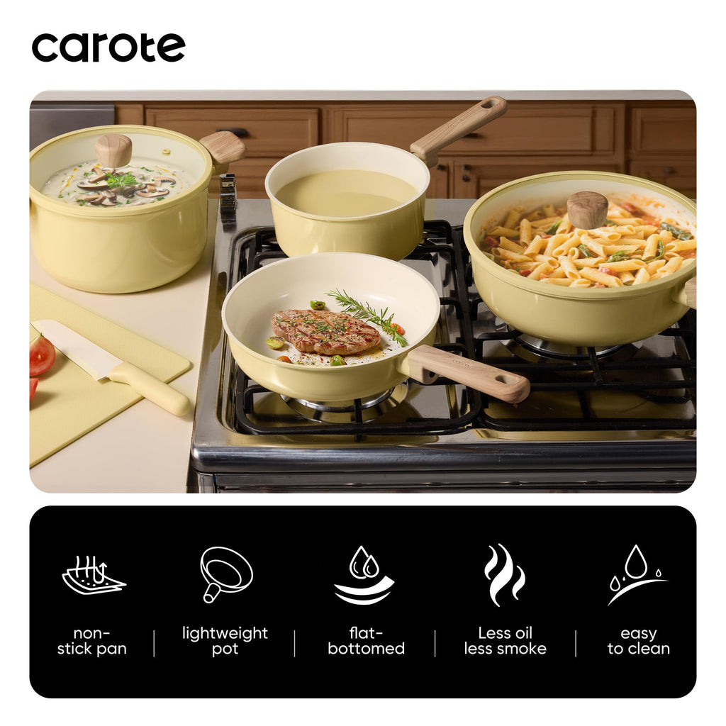 CAROTE 24pcs Ceramic Cookware Set, Pots and Pans Non Stick Kitchen Cookware Sets, Pots and Pans Set Cooking Set with Knife Set