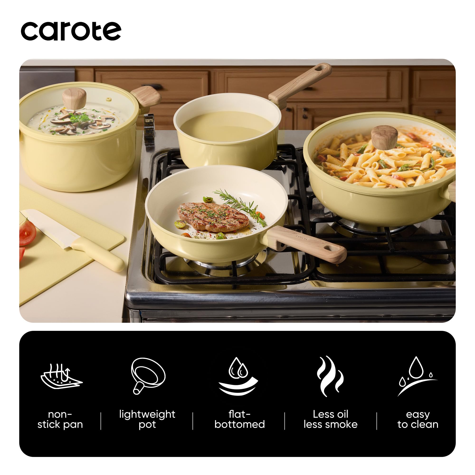 CAROTE 24pcs Ceramic Cookware Set, Pots and Pans Non Stick Kitchen Cookware Sets, Pots and Pans Set Cooking Set with Knife Set