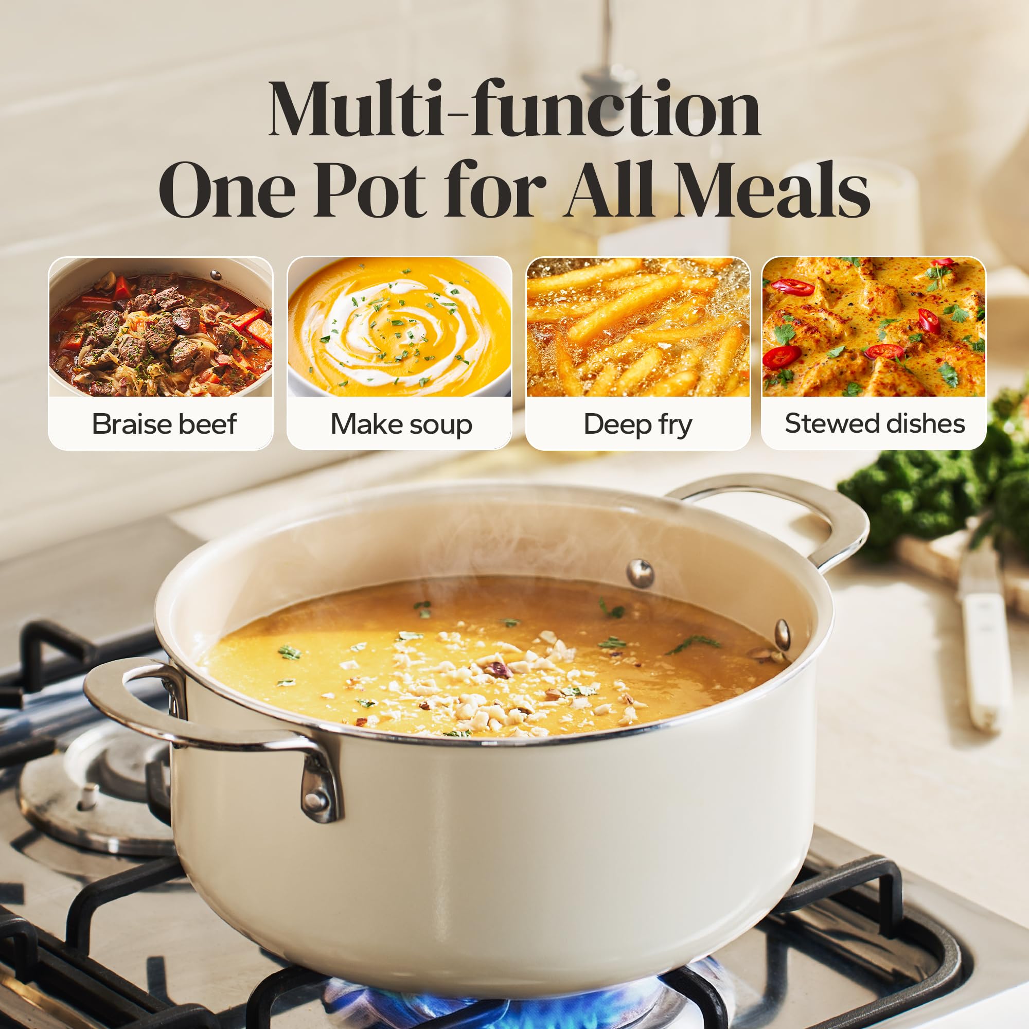 Redchef Ceramic Stock Pot with Lid, Soup Pot for All Stoves, 5 Qt Induction Cooking Pot for Soup Nonstick, Even Heating, Stay-Cool Handles, Oven/Dishwasher Safe, PTFE PFAS Free (Beige)