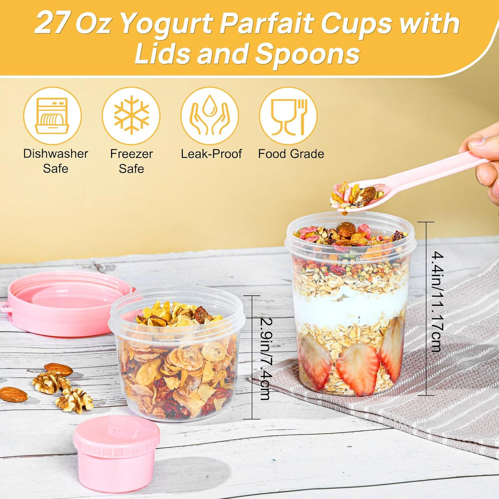 Vtopmart 4 Pack 27oz Yogurt Parfait Cups with Lids and Spoons, Overnight Oats Containers, Reusable Topping Compartment for Breakfast with Yogurt, Cereal or Oatmeal On-the-Go