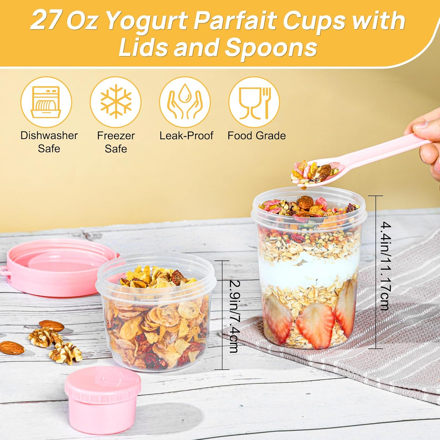 Vtopmart 4 Pack 27oz Yogurt Parfait Cups with Lids and Spoons, Overnight Oats Containers, Reusable Topping Compartment for Breakfast with Yogurt, Cereal or Oatmeal On-the-Go