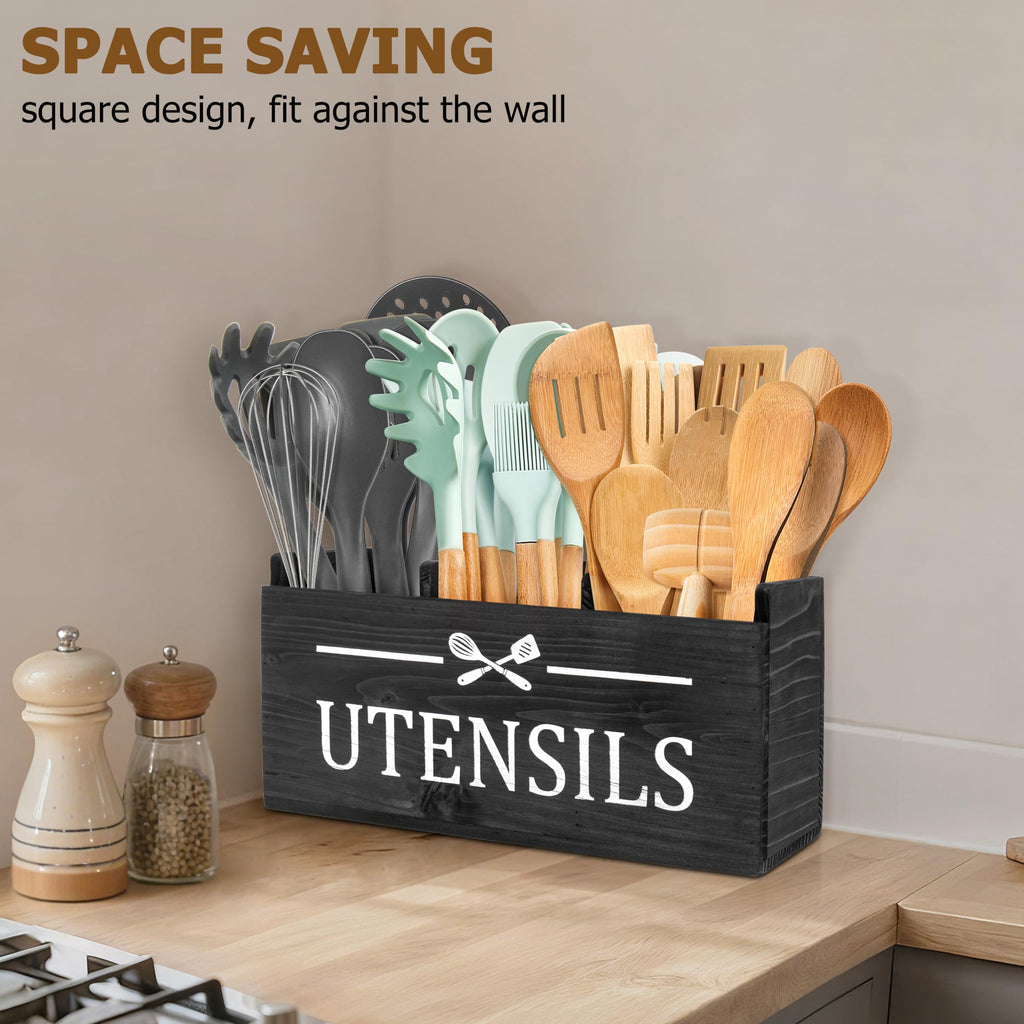 RedCall Wooden Kitchen Utensil Holder for Counter-top,Large Utensil Organizer for Storage Cooking Tool and Silverware,Extra Large Rustic Wood Container (Black)